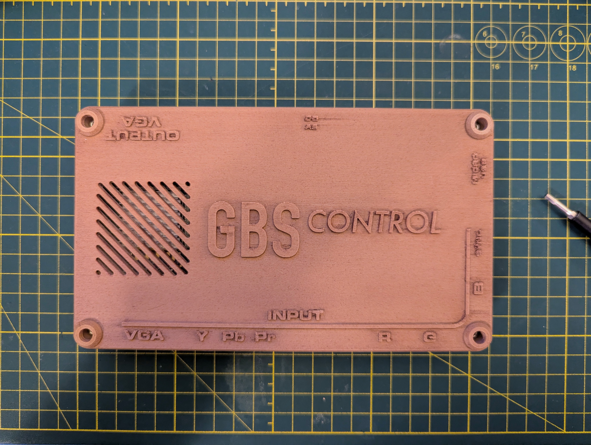 A top view photograph of the assembled GBS-C enclosure, with the new top plate.  It looks more like a cheap, stained pine enclosure than you would expect from an object 3D-printed out of plastic.